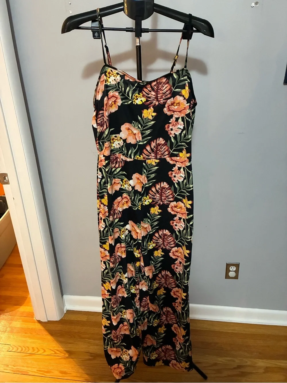 Floral Black Jumpsuit with Pink & Coral Blooms - Picture 1 of 6